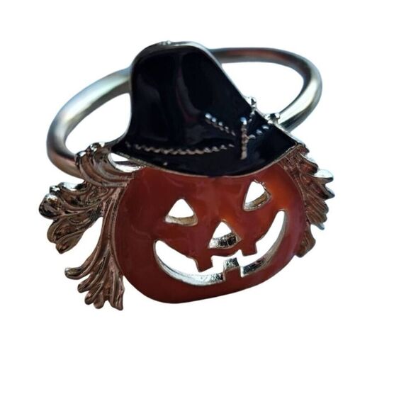 6pc Enamel & Goldtone Halloween Jack-o-lantern Scarecrow Napkin Rings Holders - Picture 1 of 2